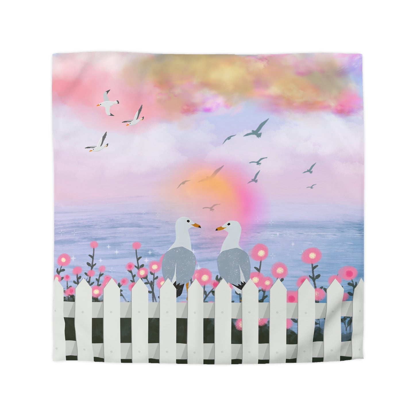 Serene Seagull Microfiber Duvet Cover, Beach Decor, Coastal Bedding, Nautical Bedroom, Pastel Bedspread, Gift for Sea Lovers