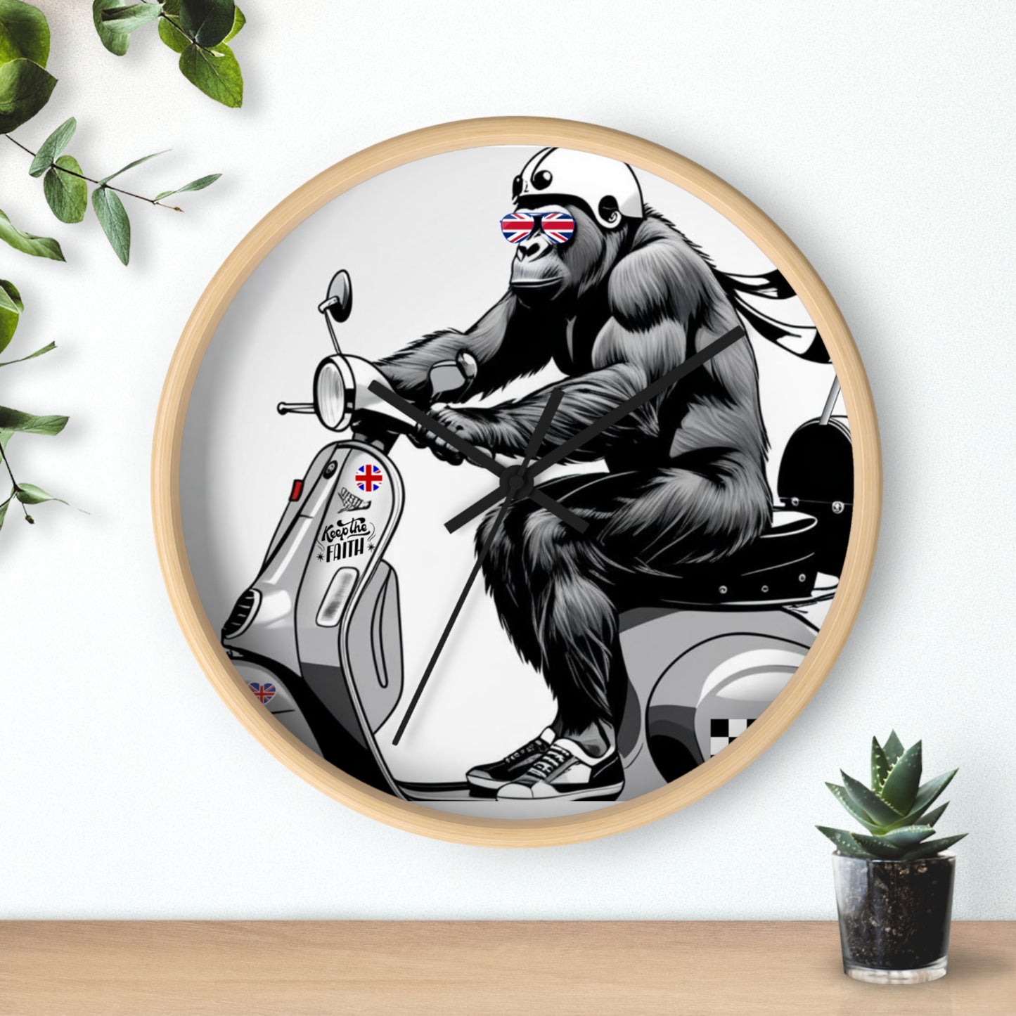 Gorilla Scooter Wall Clock - Fun Home Decor, Unique Gift for Animal Lovers, Retro Vibes, Motorcycle Decor, Office Wall Art