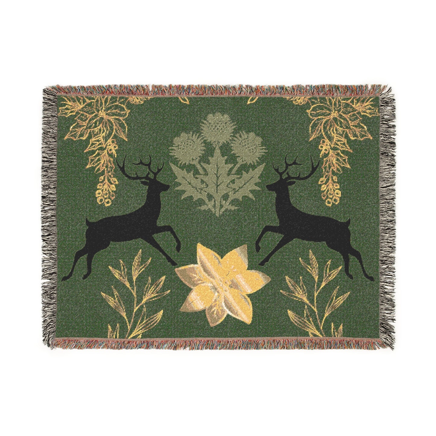 Nature-Inspired Woven Blanket with Floral and Deer Design