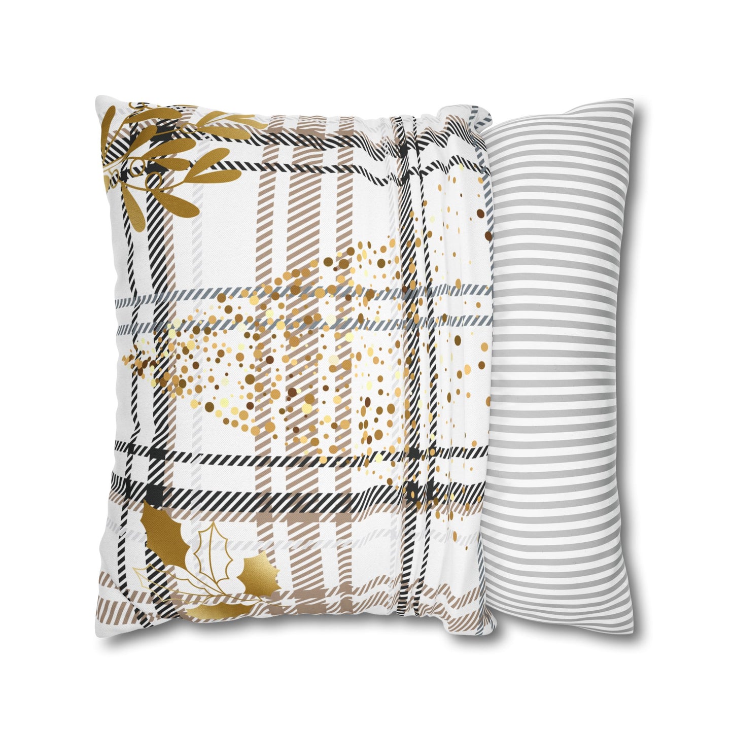 Gold Plaid Decorative Pillowcase — Plaid Throw Pillow Cover with Metallic Heart & Floral Accents