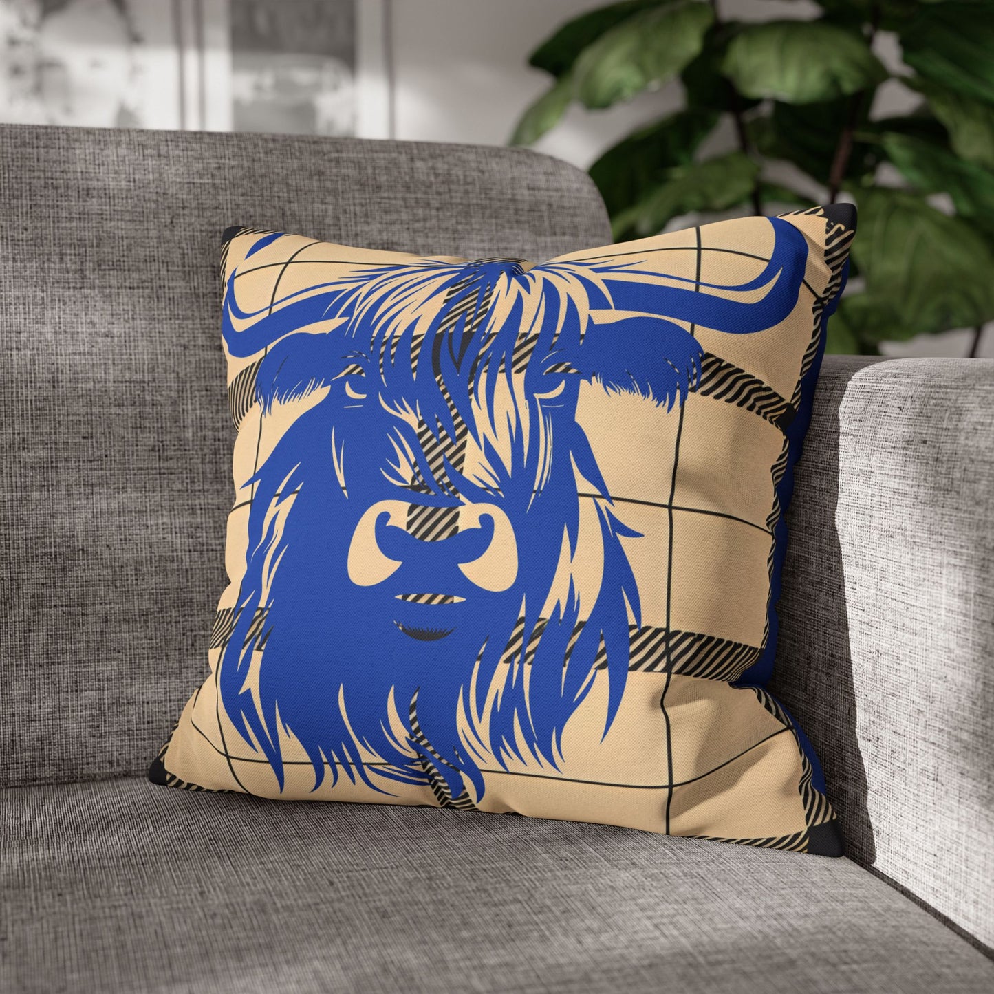 Blue Highland Cow Pillowcase, Rustic Home Decor, Farmhouse Style, Cozy Living Room, Gift for Cow Lovers, Unique Cushion Cover