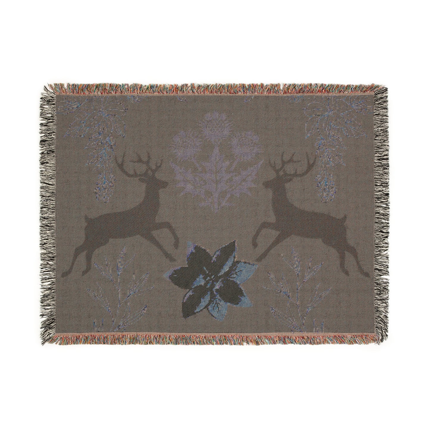 Nature-Inspired Woven Blanket with Floral and Deer Design