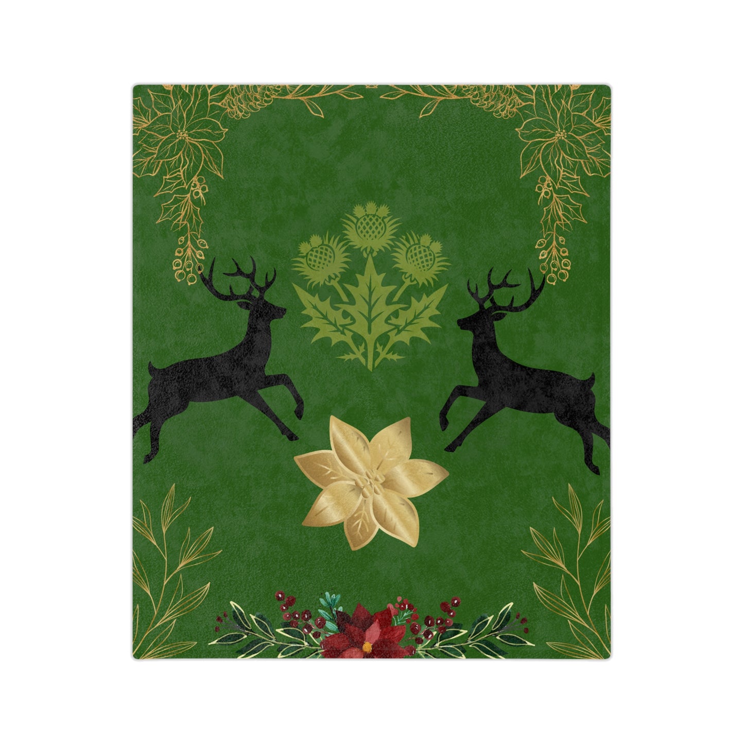 Christmas Reindeer Velvet Throw Blanket — Green Poinsettia Floral Holiday Decor