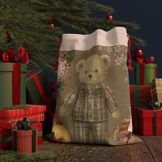 Holiday Teddy Gift Bag — Vintage Plush Bear Christmas Drawstring Pouch