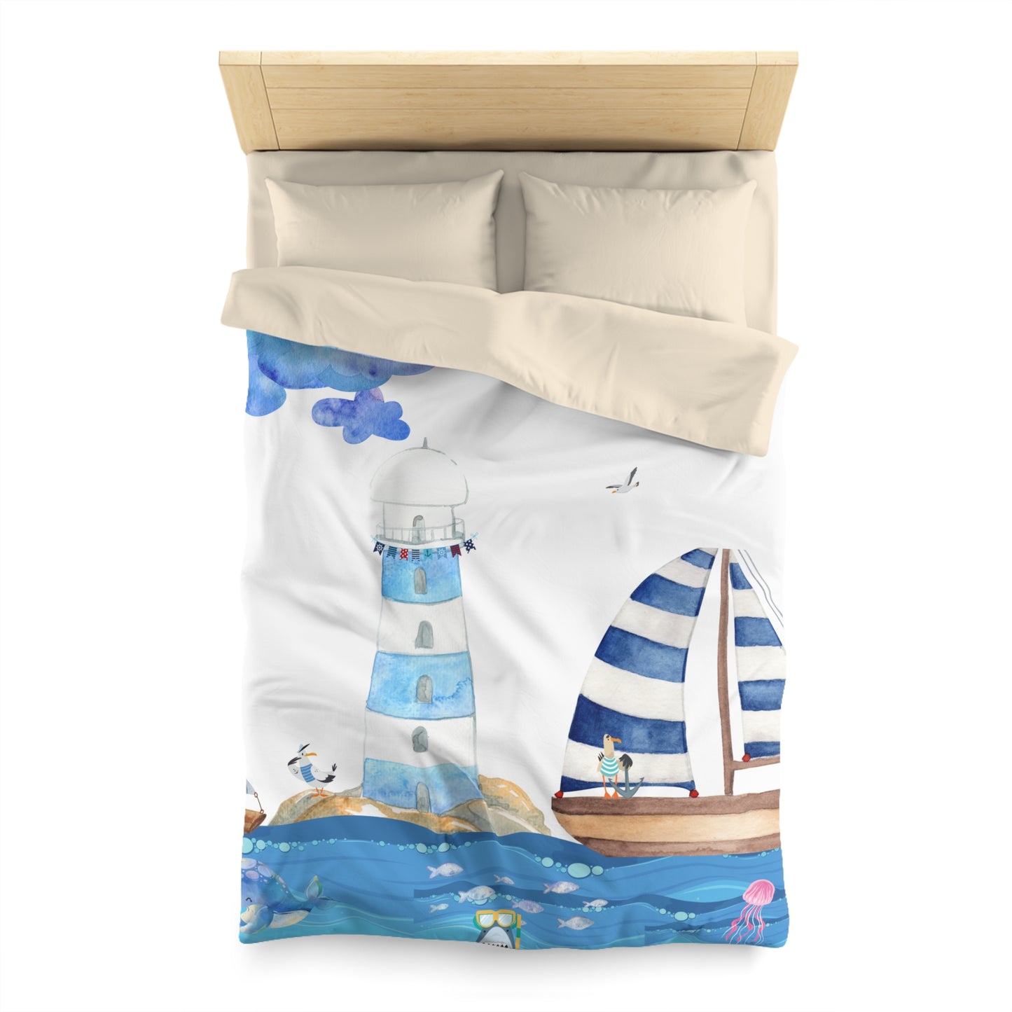 Coastal Themed Microfiber Duvet Cover | Nautical Bedding for Beach Lovers, Summer Decor, Gift for Ocean Enthusiasts, Vibrant Bedroom Accent