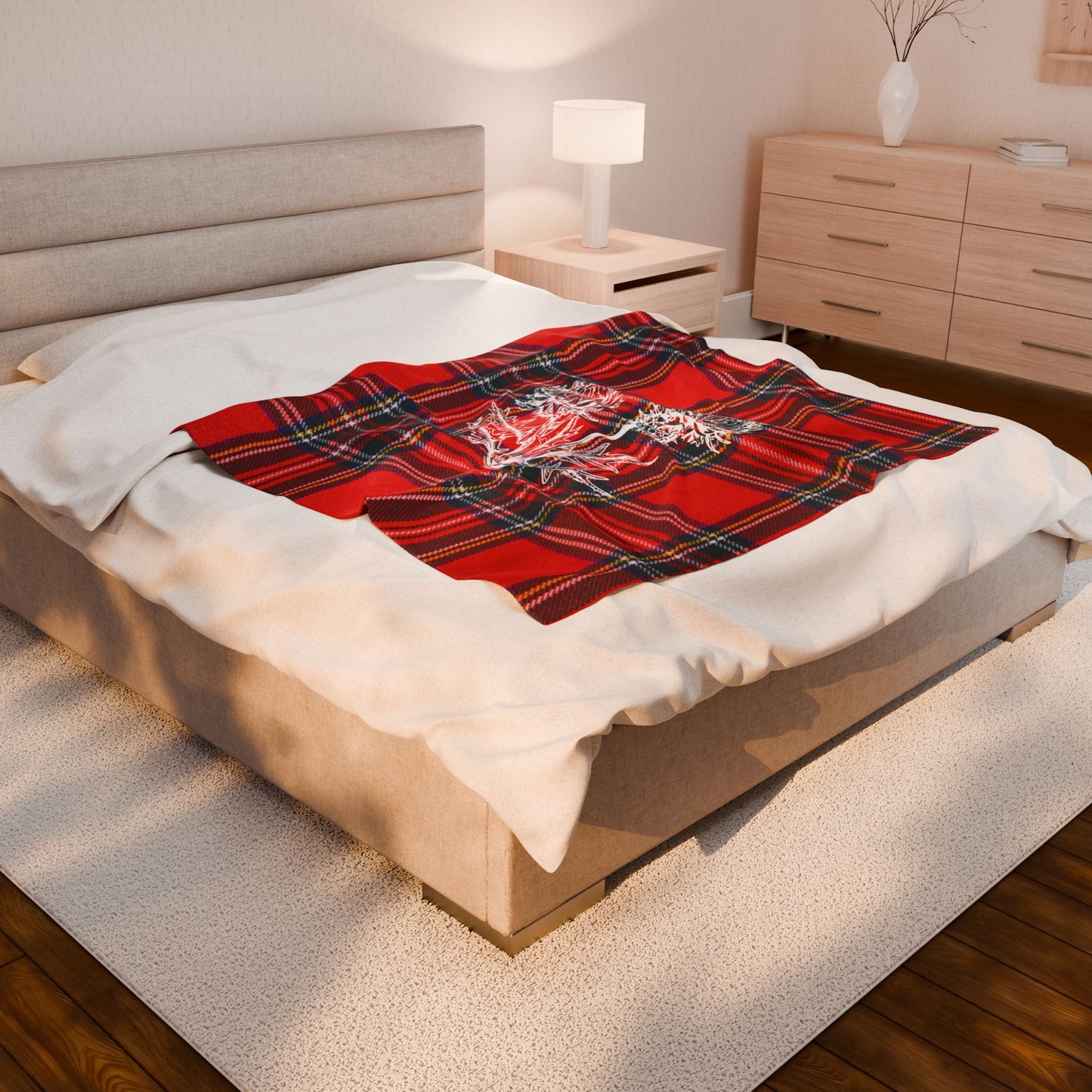 Red Tartan Velveteen Plush Blanket with White Thistle Print — Cozy Holiday Throw