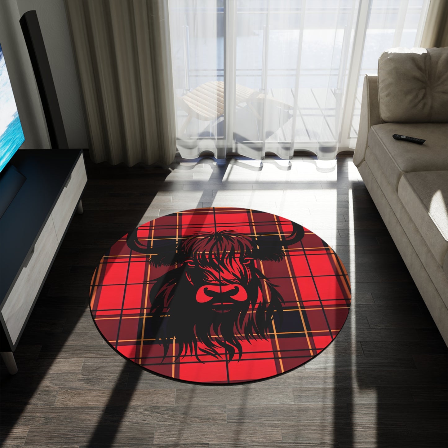 Cozy Highland Cow Round Rug, Farmhouse Decor, Living Room Accent, Christmas Gifts, Home Office Flooring, Rustic Touch