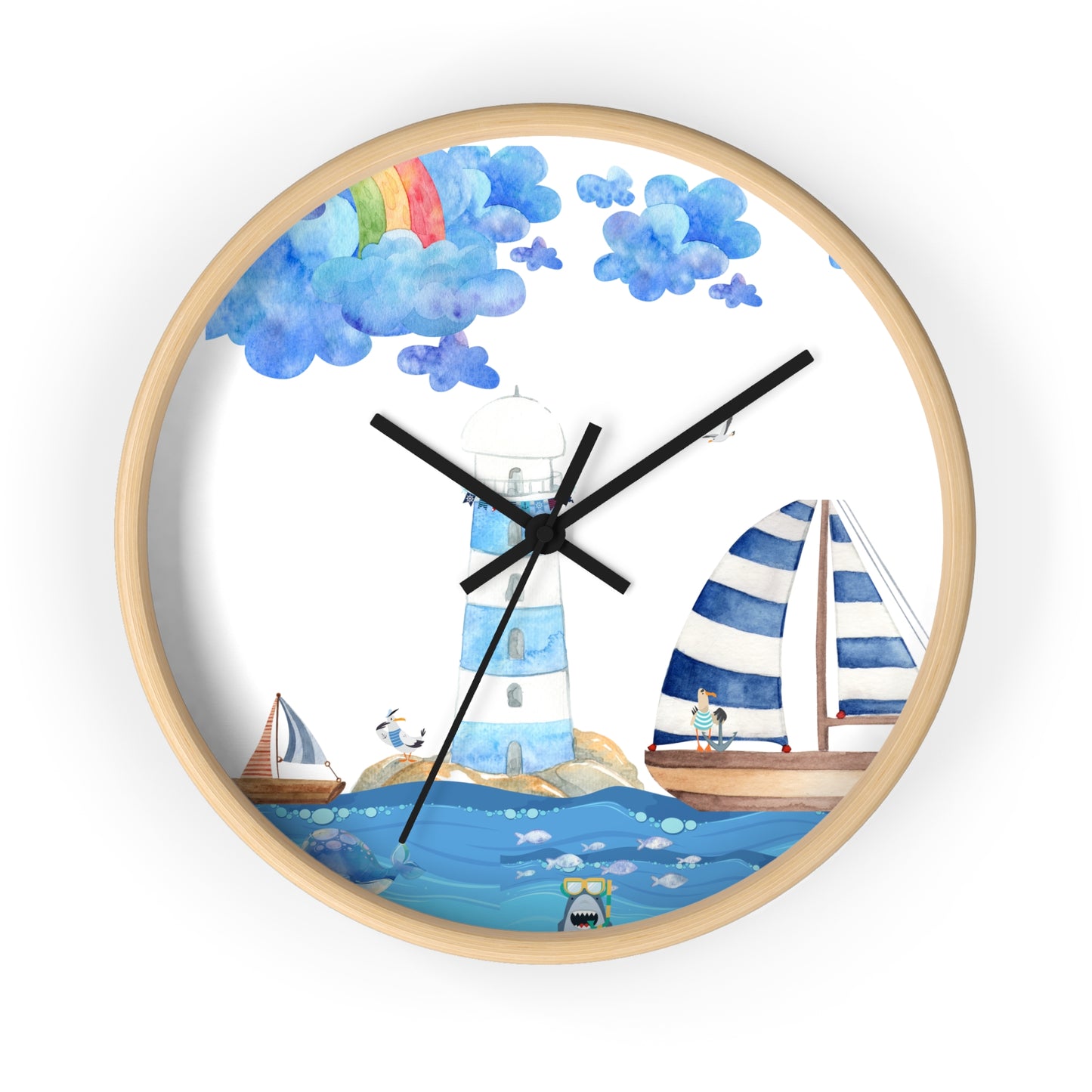 Nautical Wall Clock, Coastal Decor, Beach House Clock, Lighthouse Art, Sailboat Timepiece, Kid's Room Accent