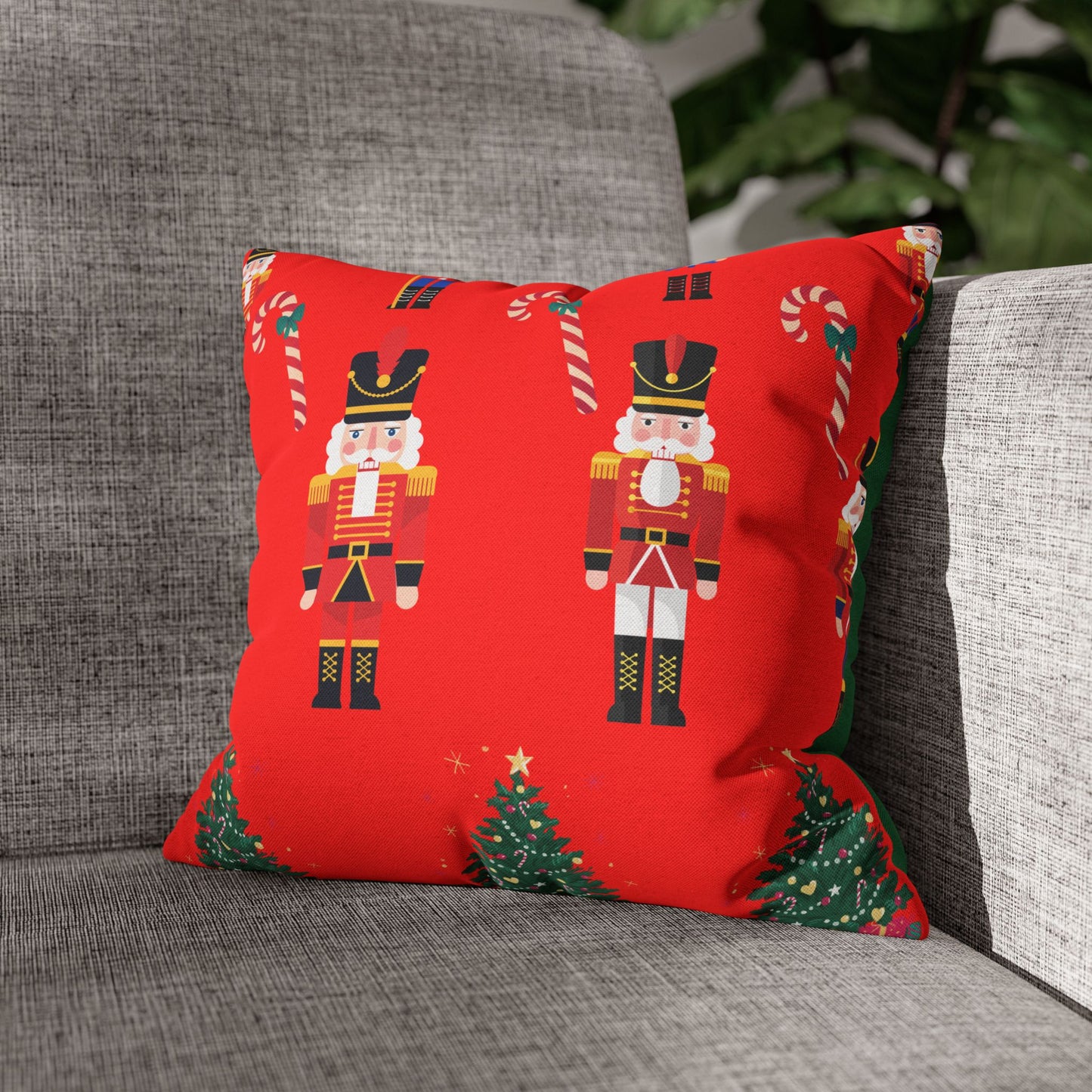 Nutcracker Christmas Pillowcase — Festive Red Holiday Throw Pillow Cover with Candy Canes & Trees