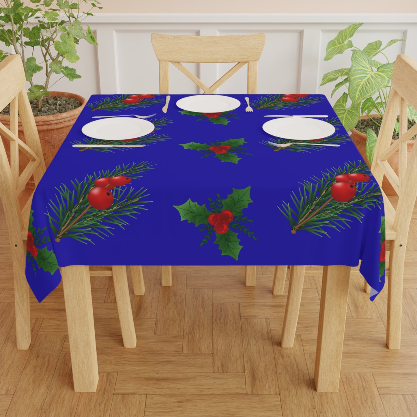 Christmas Holly & Pine Tablecloth - Blue Holiday Dining Decor