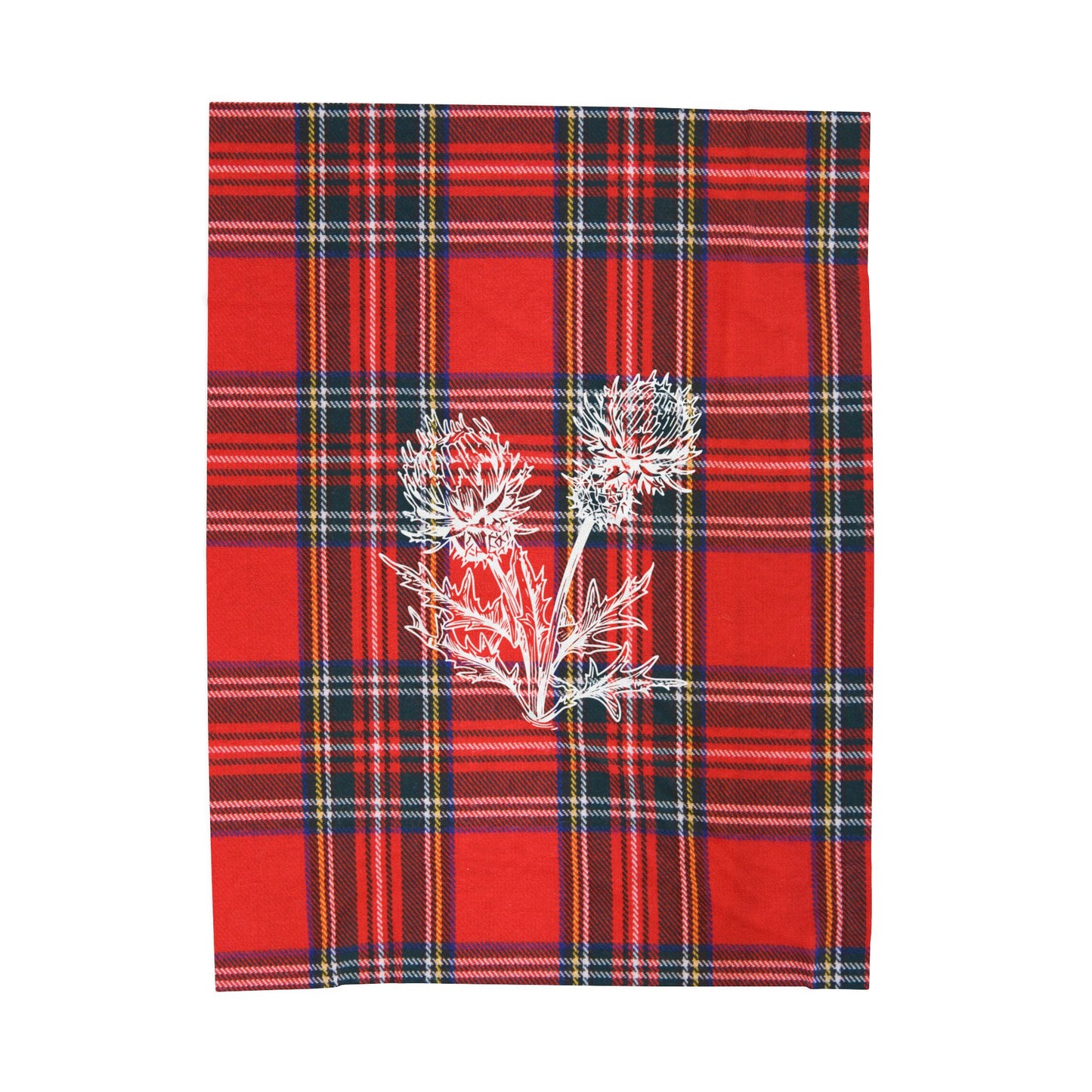 Red Tartan Velveteen Plush Blanket with White Thistle Print — Cozy Holiday Throw