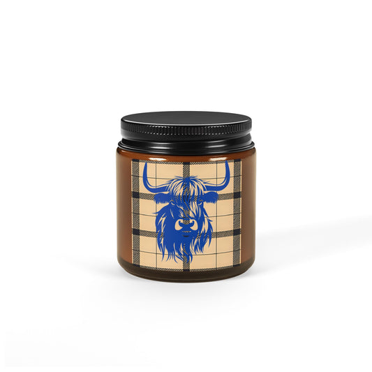 Rustic Highland Cow Candle, Cozy Home Decor, Gift for Him or Her, Scented Soy Wax Jar, Farmhouse Aesthetic, Amber Jar Candle