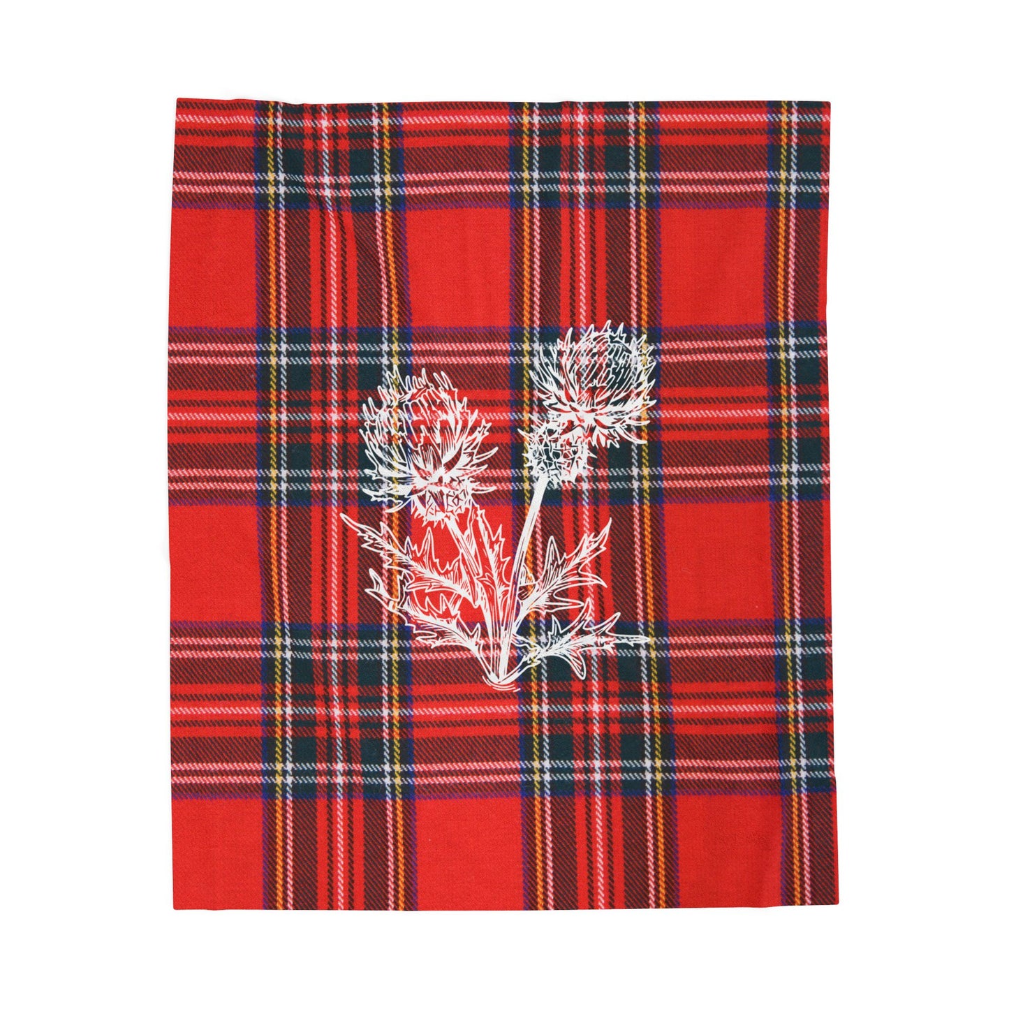 Red Tartan Velveteen Plush Blanket with White Thistle Print — Cozy Holiday Throw