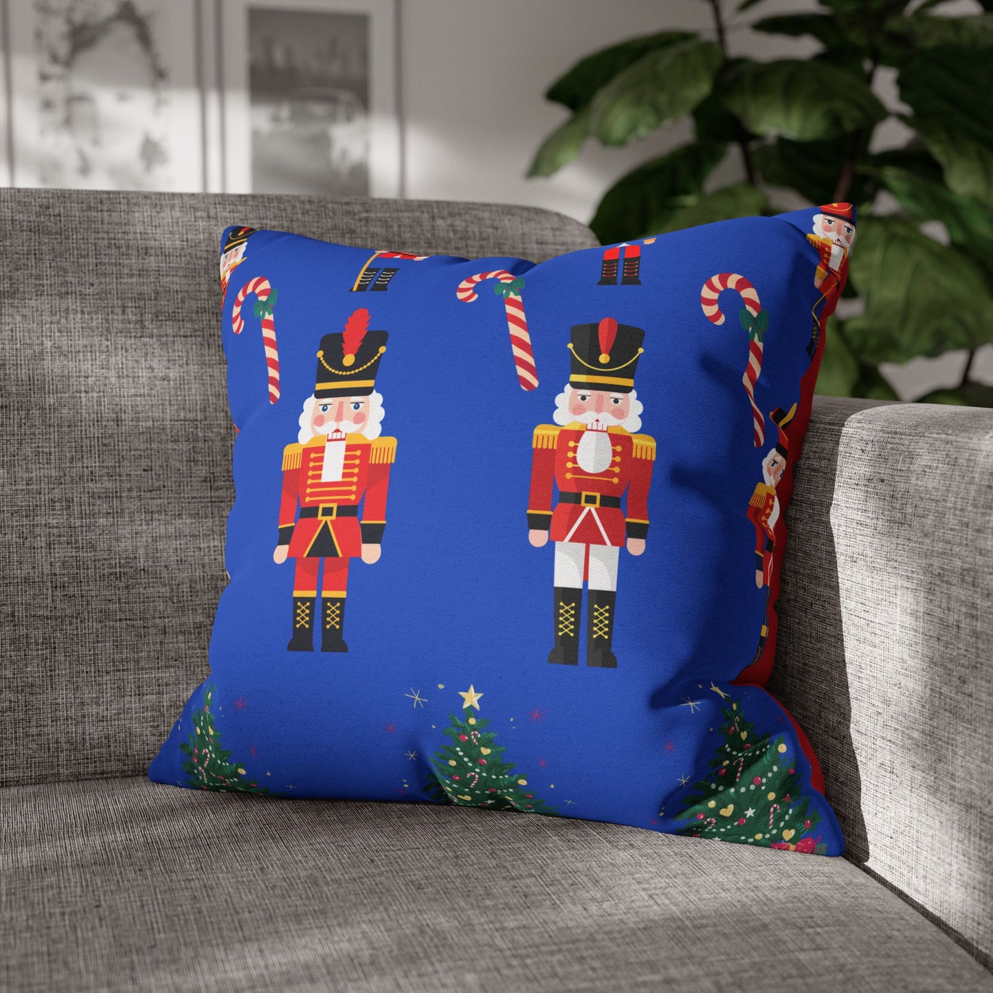 Nutcracker Holiday Pillow — Festive Candy Cane & Christmas Tree Throw Pillow