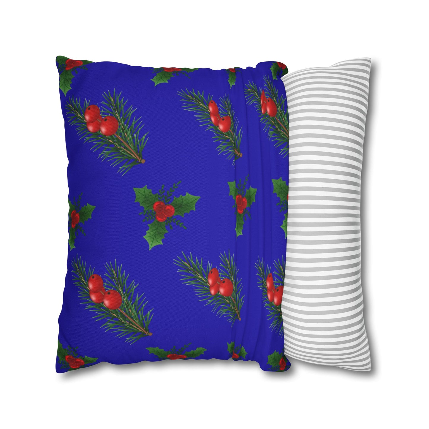Holiday Holly & Pine Square Pillowcase — Festive Blue Christmas Throw Pillow Cover