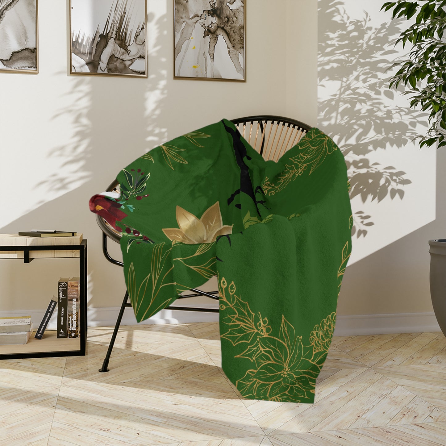 Christmas Reindeer Velvet Throw Blanket — Green Poinsettia Floral Holiday Decor