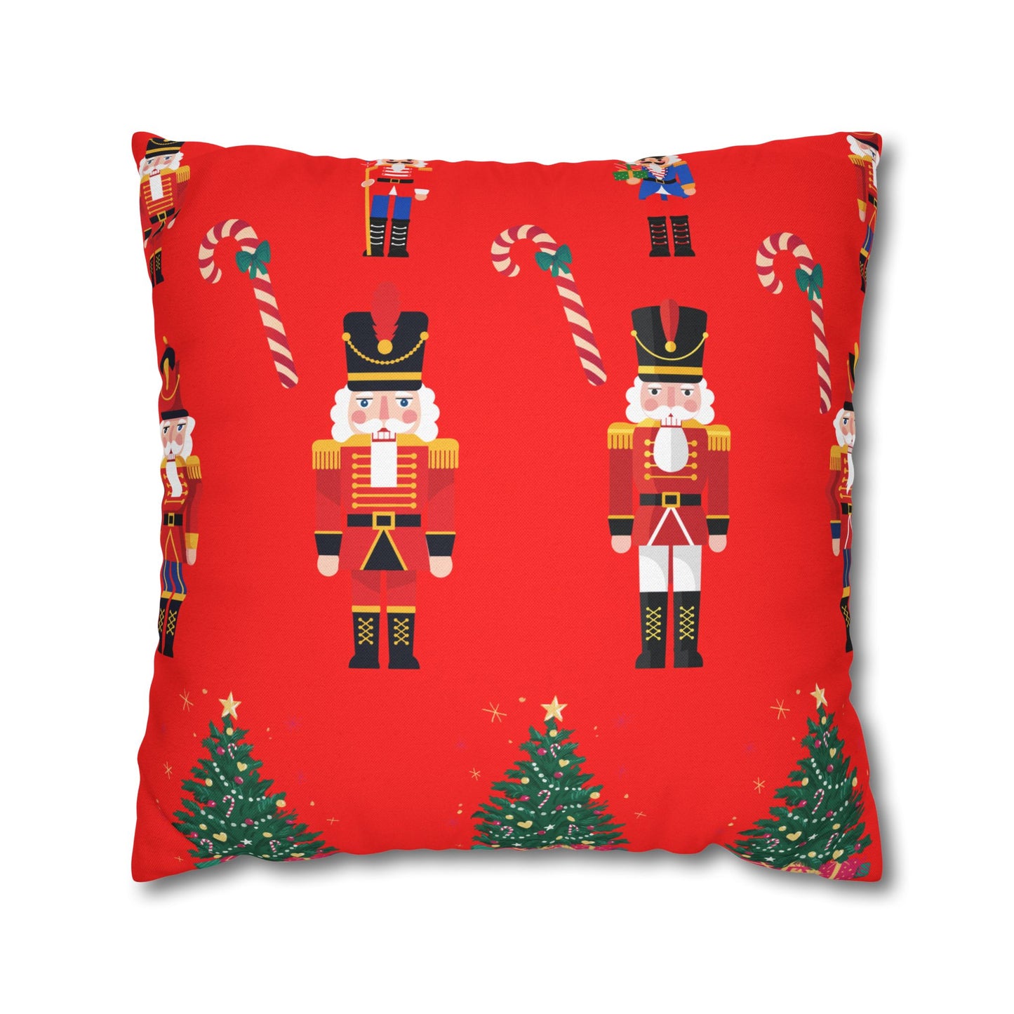 Nutcracker Christmas Pillowcase — Festive Red Holiday Throw Pillow Cover with Candy Canes & Trees