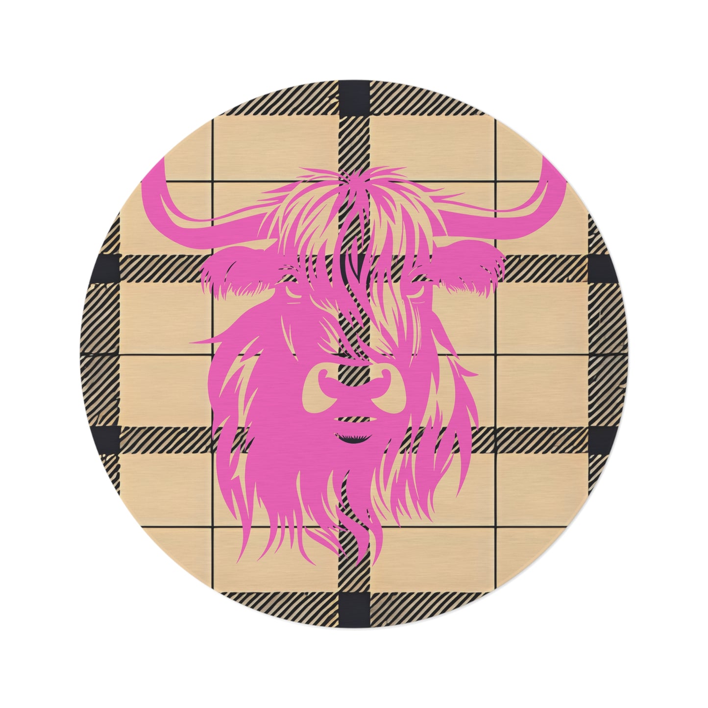 Pink Highland Cow Round Rug | Cozy Farmhouse Decor, Boho Style, Living Room Accent, Unique Gift, Home Accessories