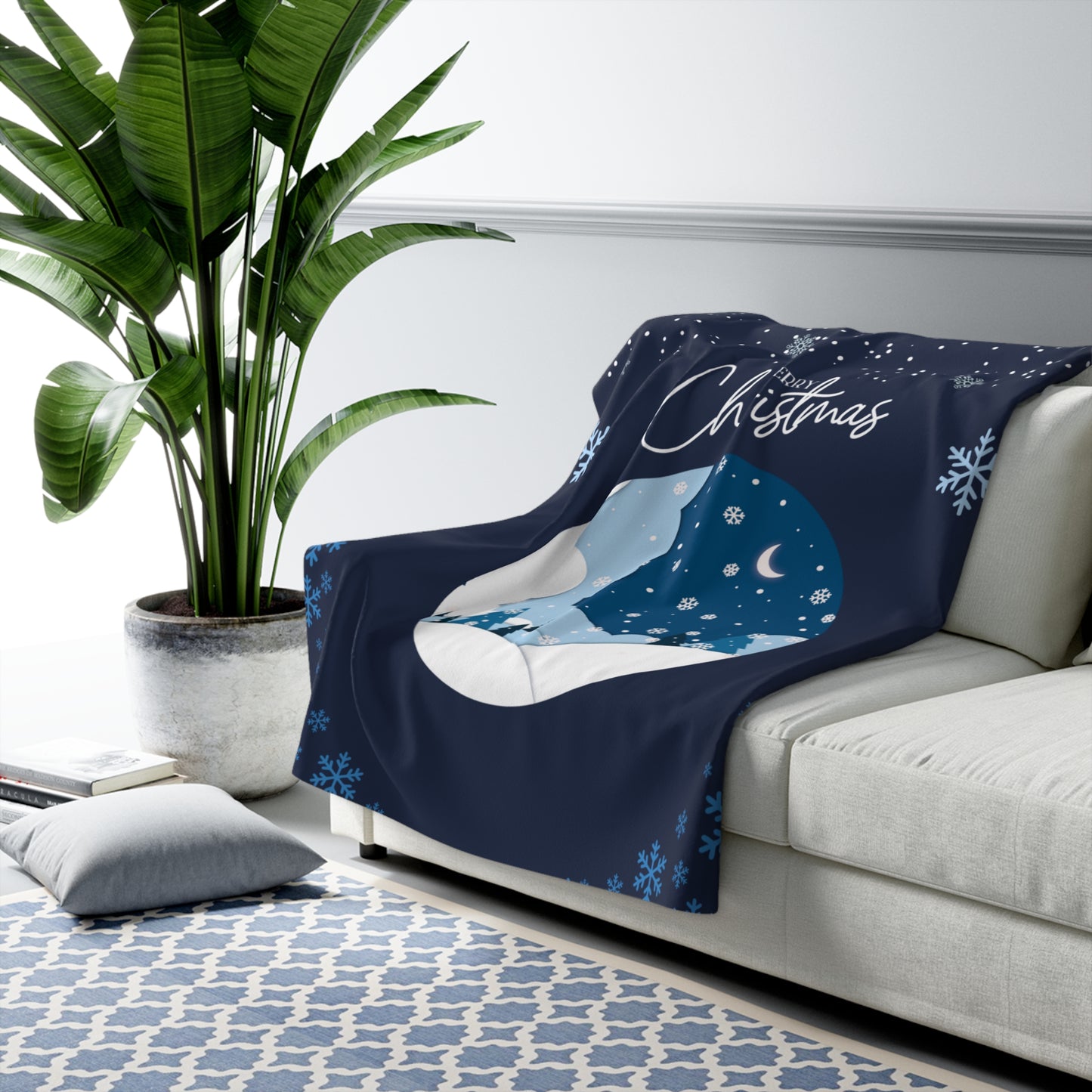 Cozy Christmas Sherpa Fleece Blanket, Holiday Gift, Winter Decor, Snowy Night Artwork, Warmth and Comfort for Home