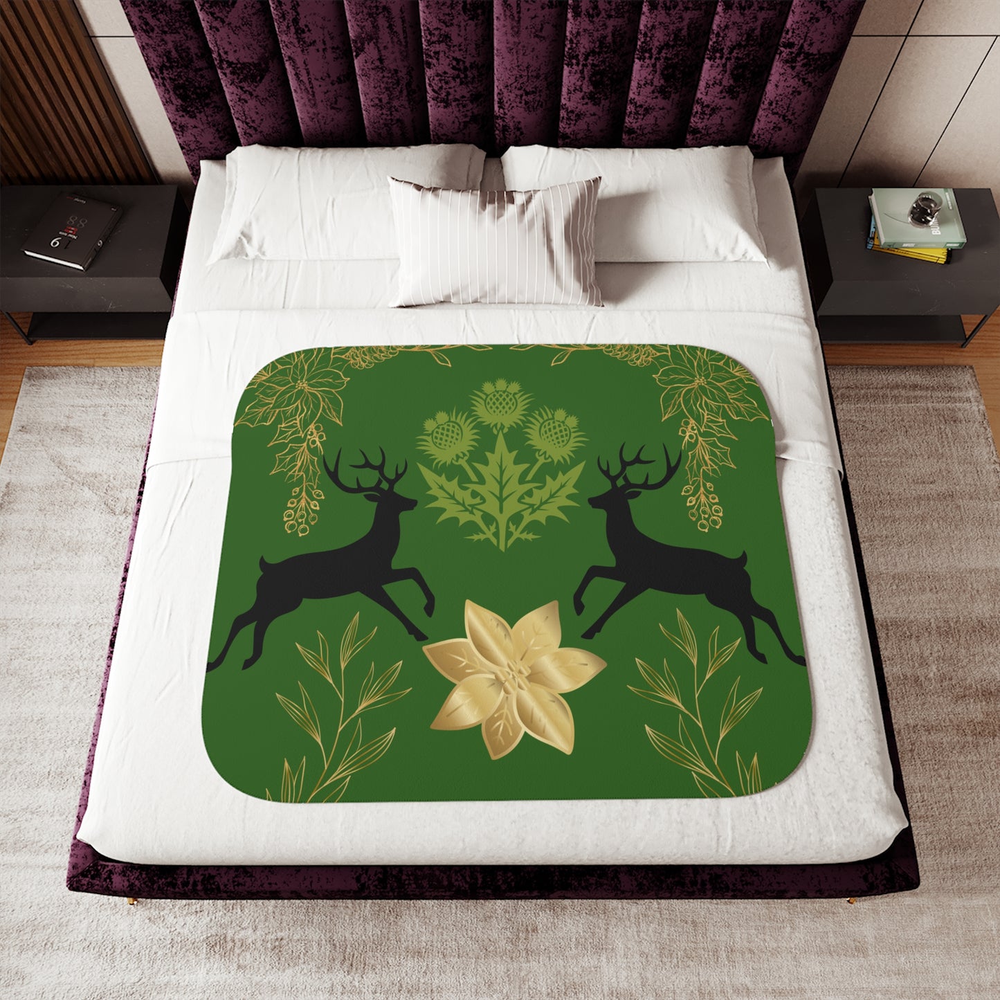 Cozy Sherpa Blanket with Reindeer and Floral Design | Perfect for Holidays