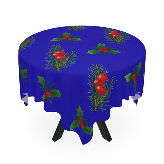 Christmas Holly & Pine Tablecloth - Blue Holiday Dining Decor