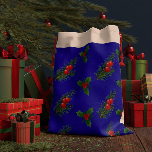 Christmas Holly & Pine Gift Bag — Festive Drawstring Pouch