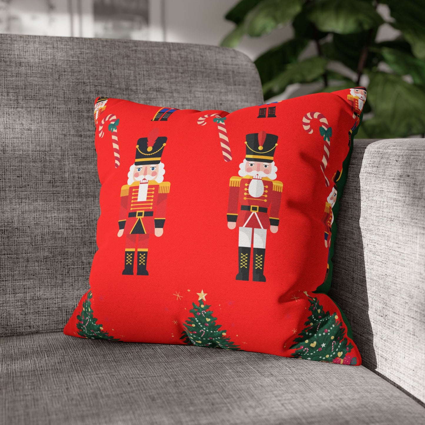 Nutcracker Christmas Pillowcase — Festive Red Holiday Throw Pillow Cover with Candy Canes & Trees