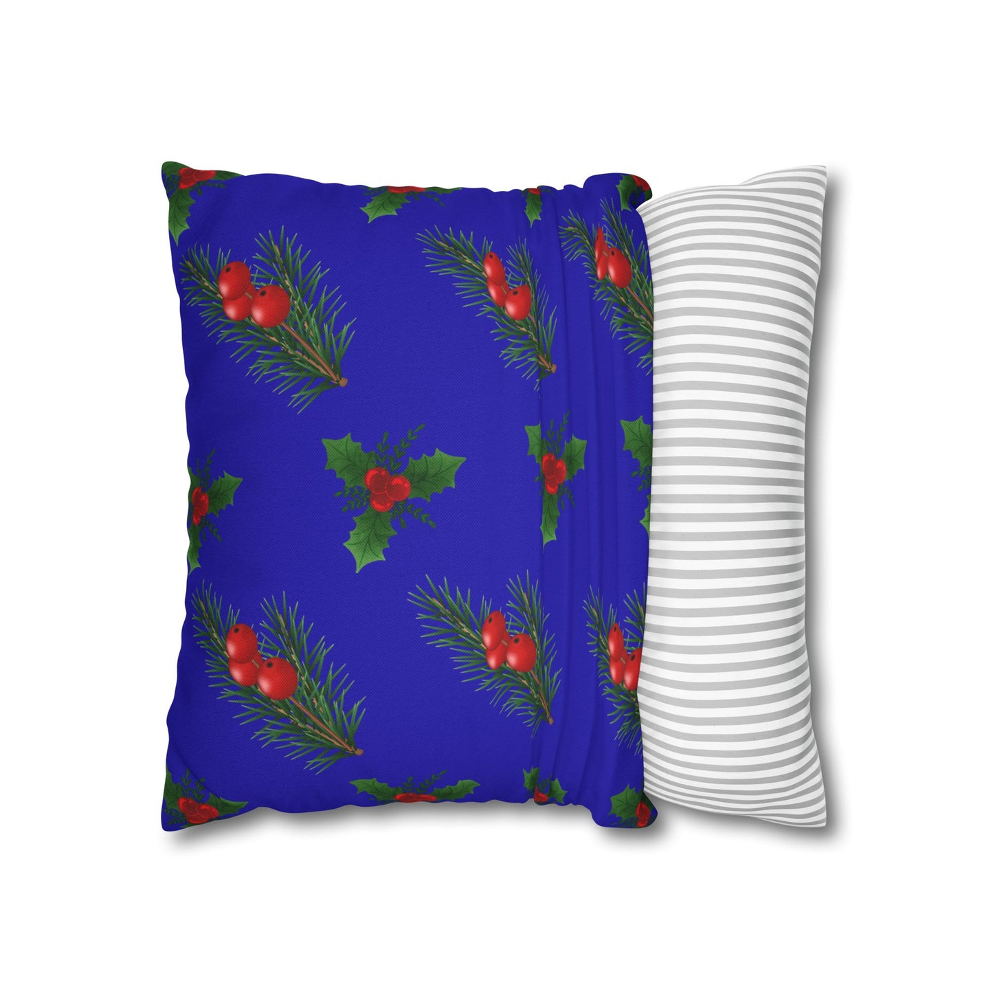 Holiday Holly & Pine Square Pillowcase — Festive Blue Christmas Throw Pillow Cover