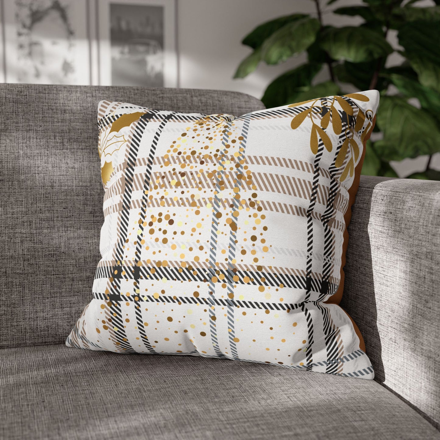 Gold Plaid Decorative Pillowcase — Plaid Throw Pillow Cover with Metallic Heart & Floral Accents