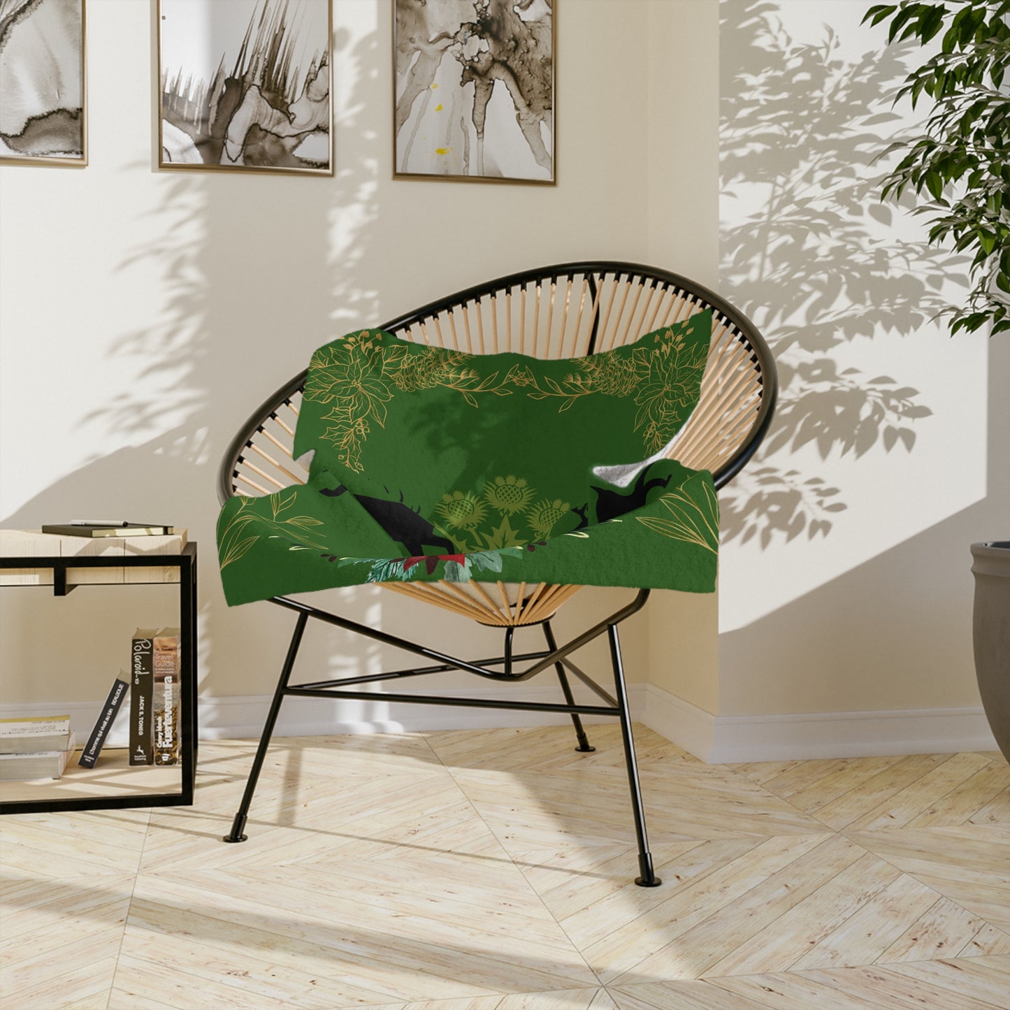 Christmas Reindeer Velvet Throw Blanket — Green Poinsettia Floral Holiday Decor