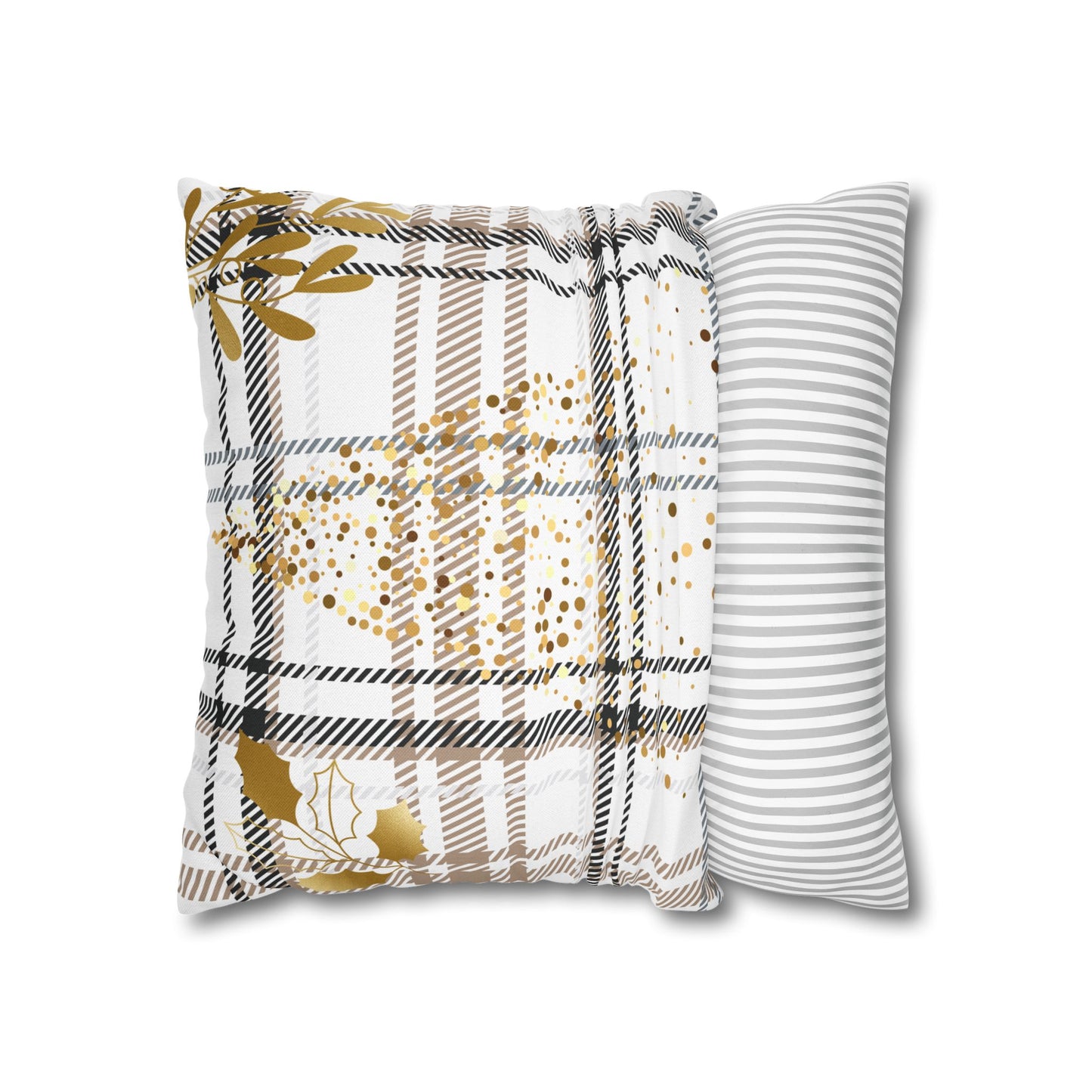 Gold Plaid Decorative Pillowcase — Plaid Throw Pillow Cover with Metallic Heart & Floral Accents