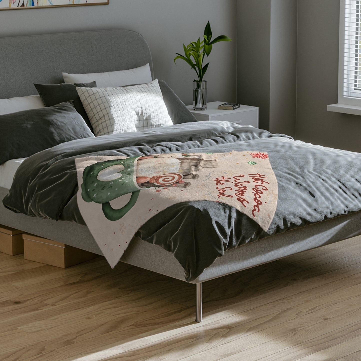 Cozy Hot Cocoa Velveteen Microfiber Blanket, Holiday Gift, Winter Decor, Snuggle Blanket, Home Comfort, Warmth and Joy