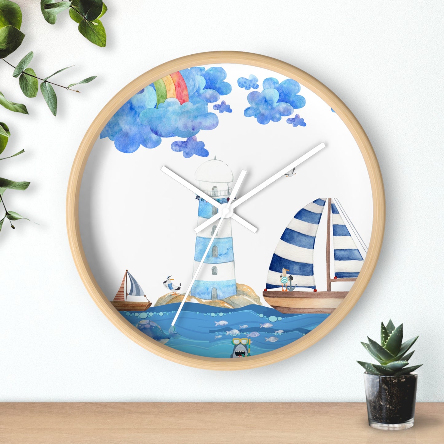 Nautical Wall Clock, Coastal Decor, Beach House Clock, Lighthouse Art, Sailboat Timepiece, Kid's Room Accent