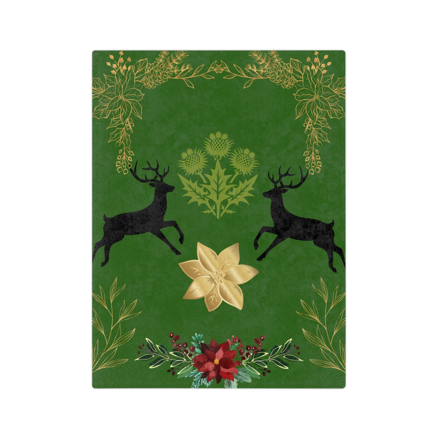 Christmas Reindeer Velvet Throw Blanket — Green Poinsettia Floral Holiday Decor