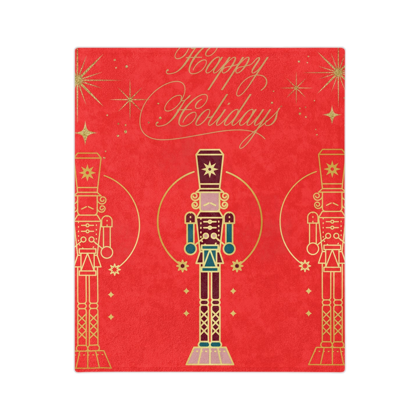 Holiday Nutcracker Velveteen Throw Blanket — "Happy Holidays" Red Microfiber Blanket