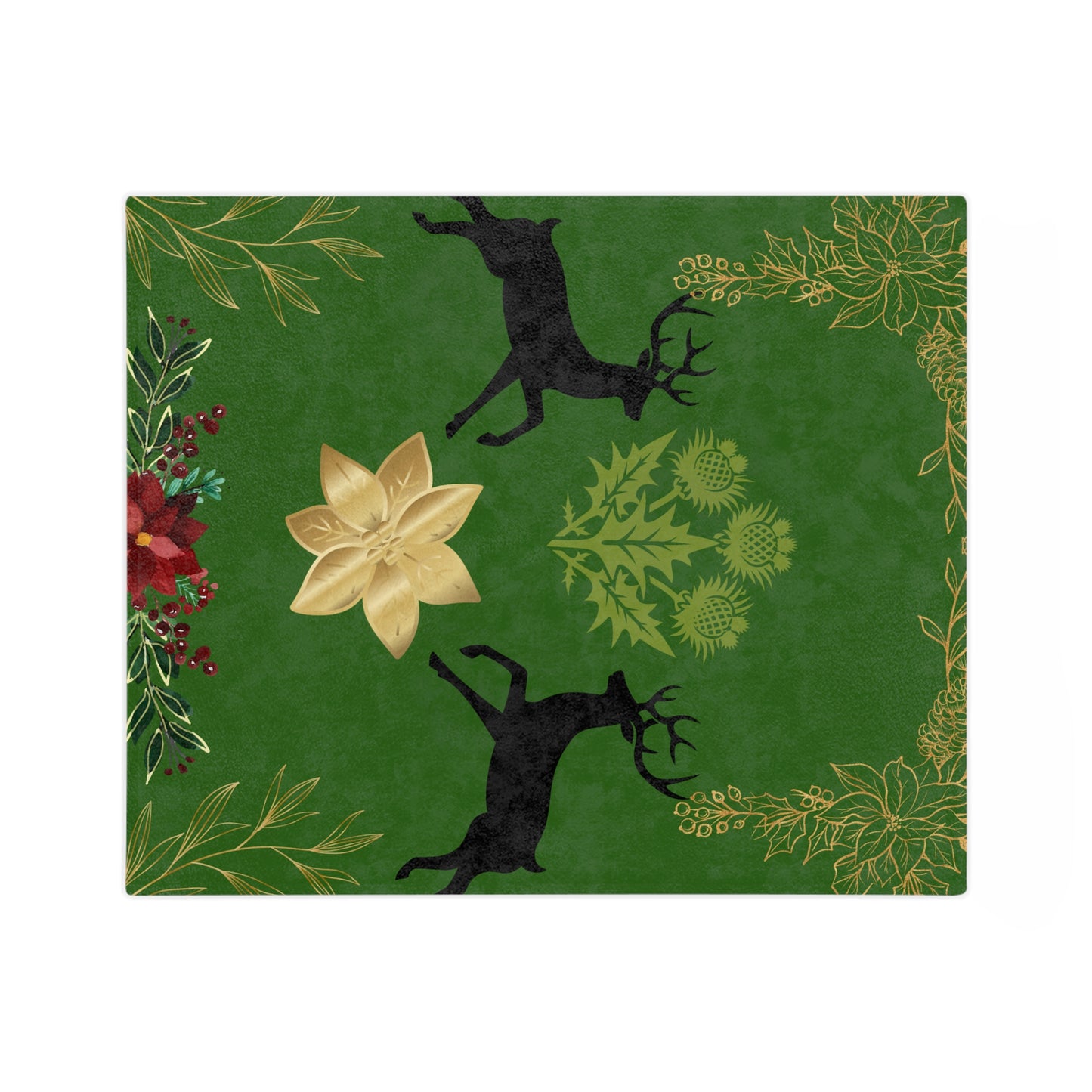 Christmas Reindeer Velvet Throw Blanket — Green Poinsettia Floral Holiday Decor