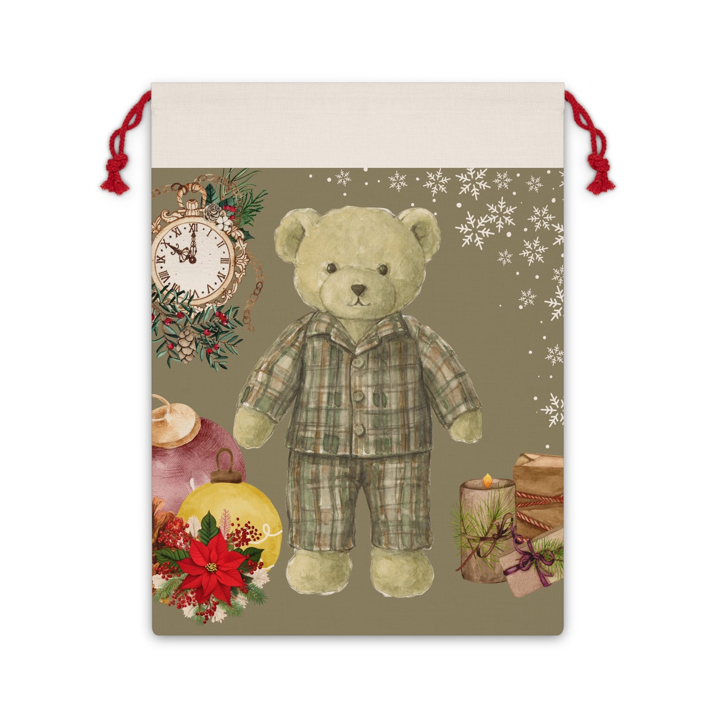 Holiday Teddy Gift Bag — Vintage Plush Bear Christmas Drawstring Pouch