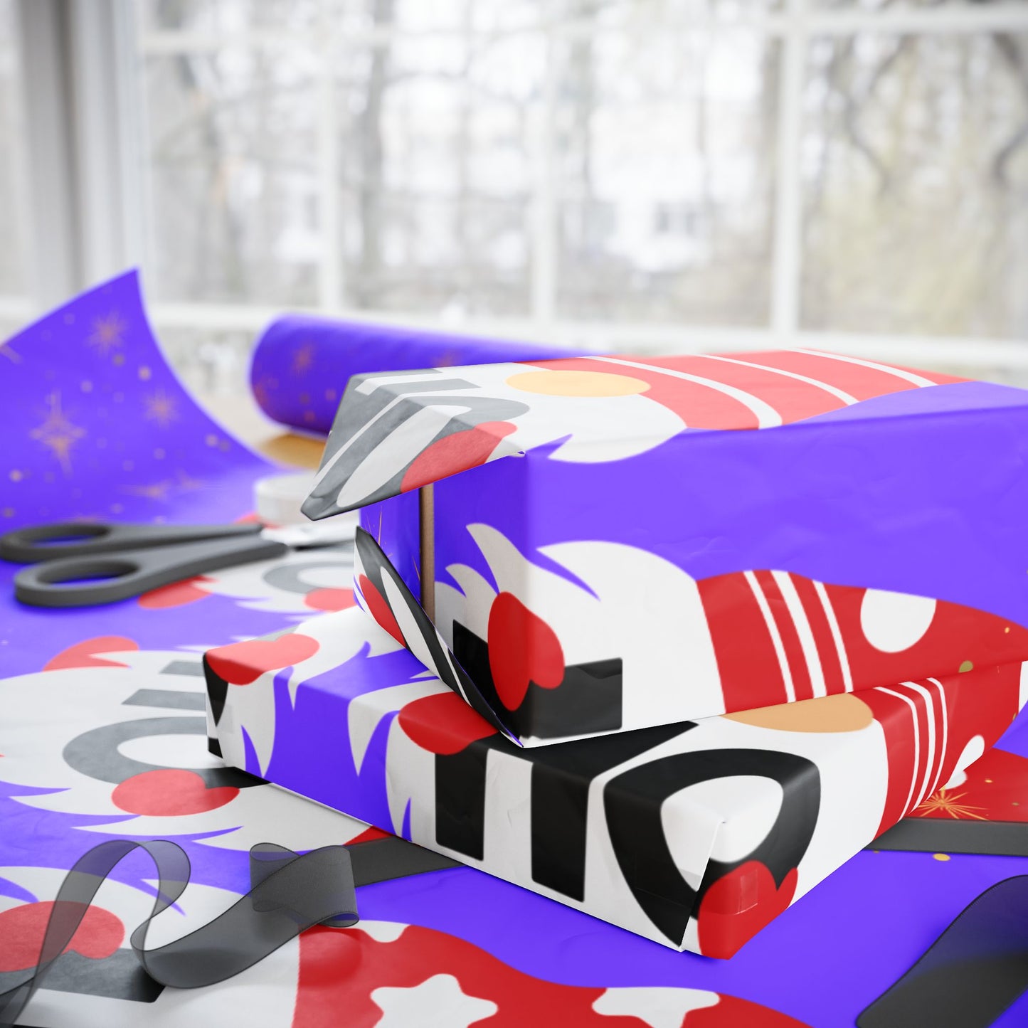 Festive Wrapping Paper with Gnomes & Stars, Holiday Gift Wrap, Christmas, Birthdays, DIY Crafts, Party Supplies, Ho Ho Ho Design