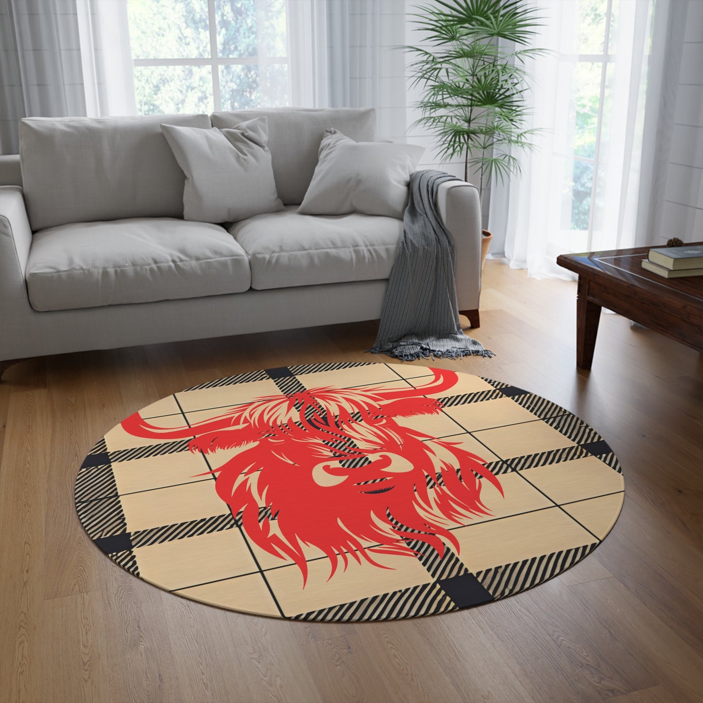 Rustic Highland Cow Round Rug - Farmhouse Decor, Cozy Living Room Accent, Boho Style, Gift for Home Lovers, Unique Area Rug