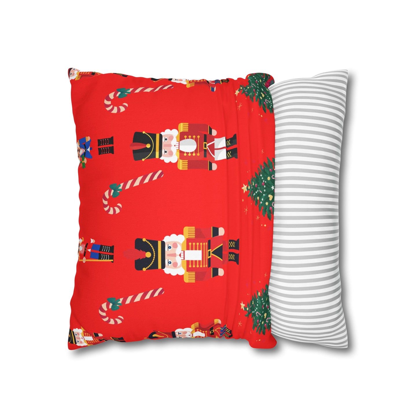 Nutcracker Christmas Pillowcase — Festive Red Holiday Throw Pillow Cover with Candy Canes & Trees