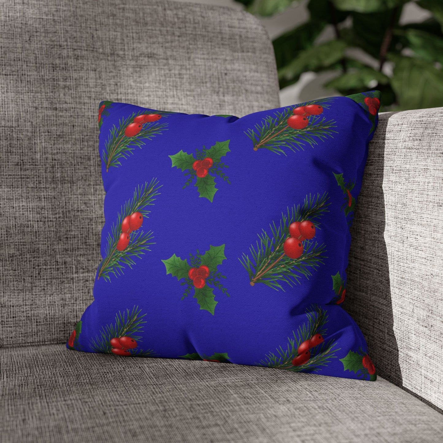 Holiday Holly & Pine Square Pillowcase — Festive Blue Christmas Throw Pillow Cover