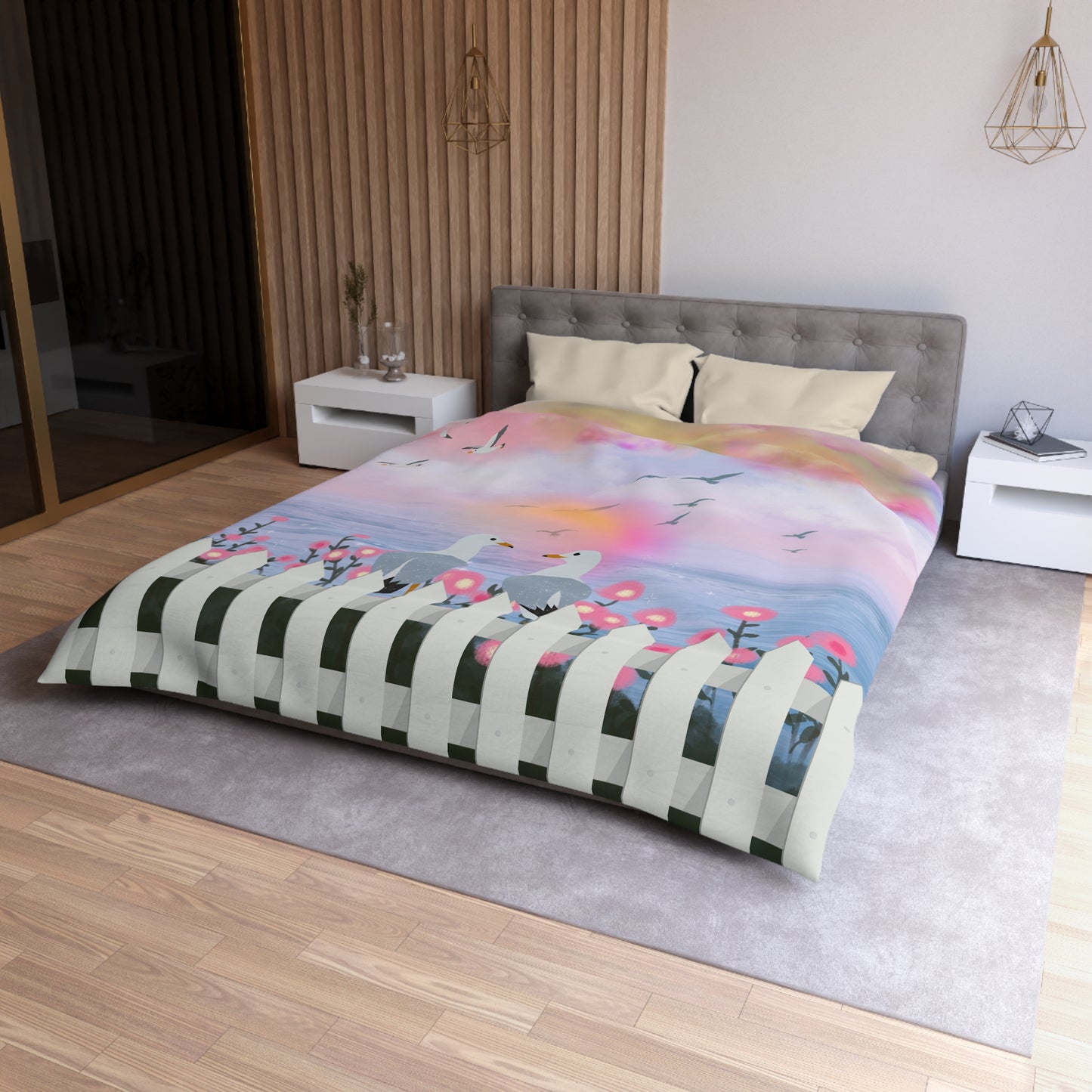 Serene Seagull Microfiber Duvet Cover, Beach Decor, Coastal Bedding, Nautical Bedroom, Pastel Bedspread, Gift for Sea Lovers