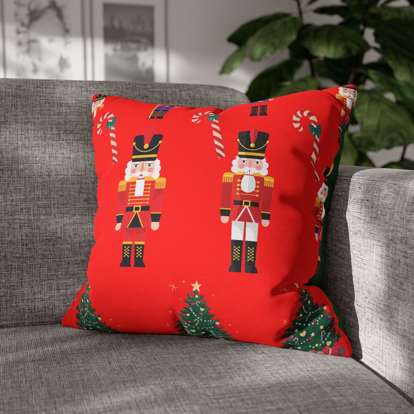 Nutcracker Christmas Pillowcase — Festive Red Holiday Throw Pillow Cover with Candy Canes & Trees