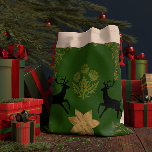 Holiday Reindeer Gift Bag — Green Christmas Drawstring Pouch with Gold Poinsettia