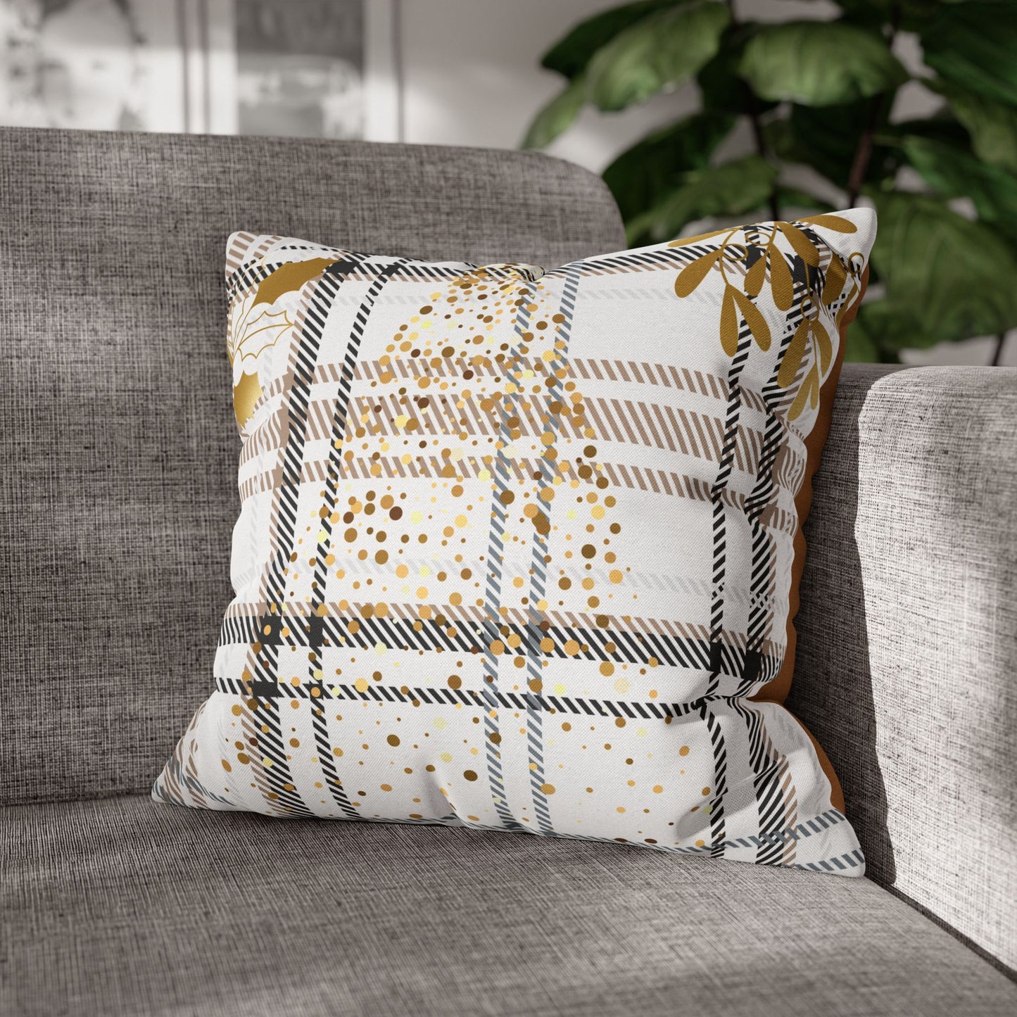 Gold Plaid Decorative Pillowcase — Plaid Throw Pillow Cover with Metallic Heart & Floral Accents