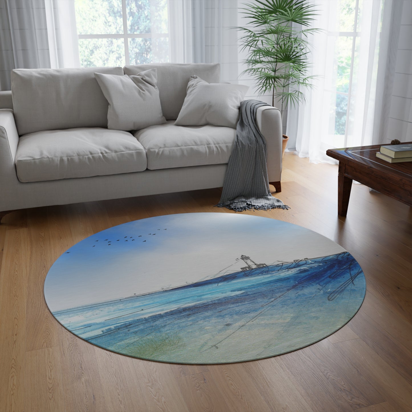 Serene Coastal Round Rug - Beach Decor, Living Room Mat, Light House Design, Nautical Home Accent, Gifts for Ocean Lovers