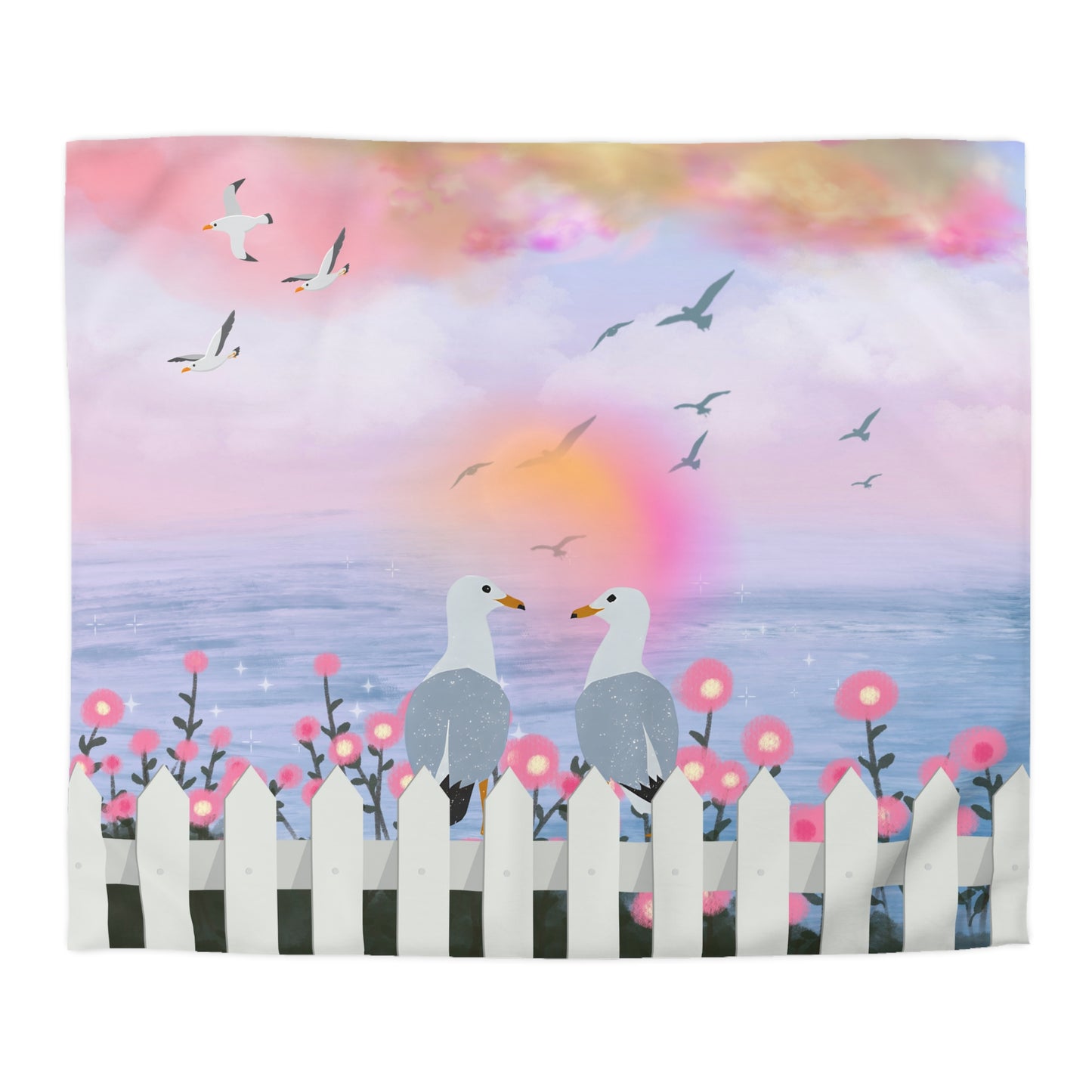 Serene Seagull Microfiber Duvet Cover, Beach Decor, Coastal Bedding, Nautical Bedroom, Pastel Bedspread, Gift for Sea Lovers