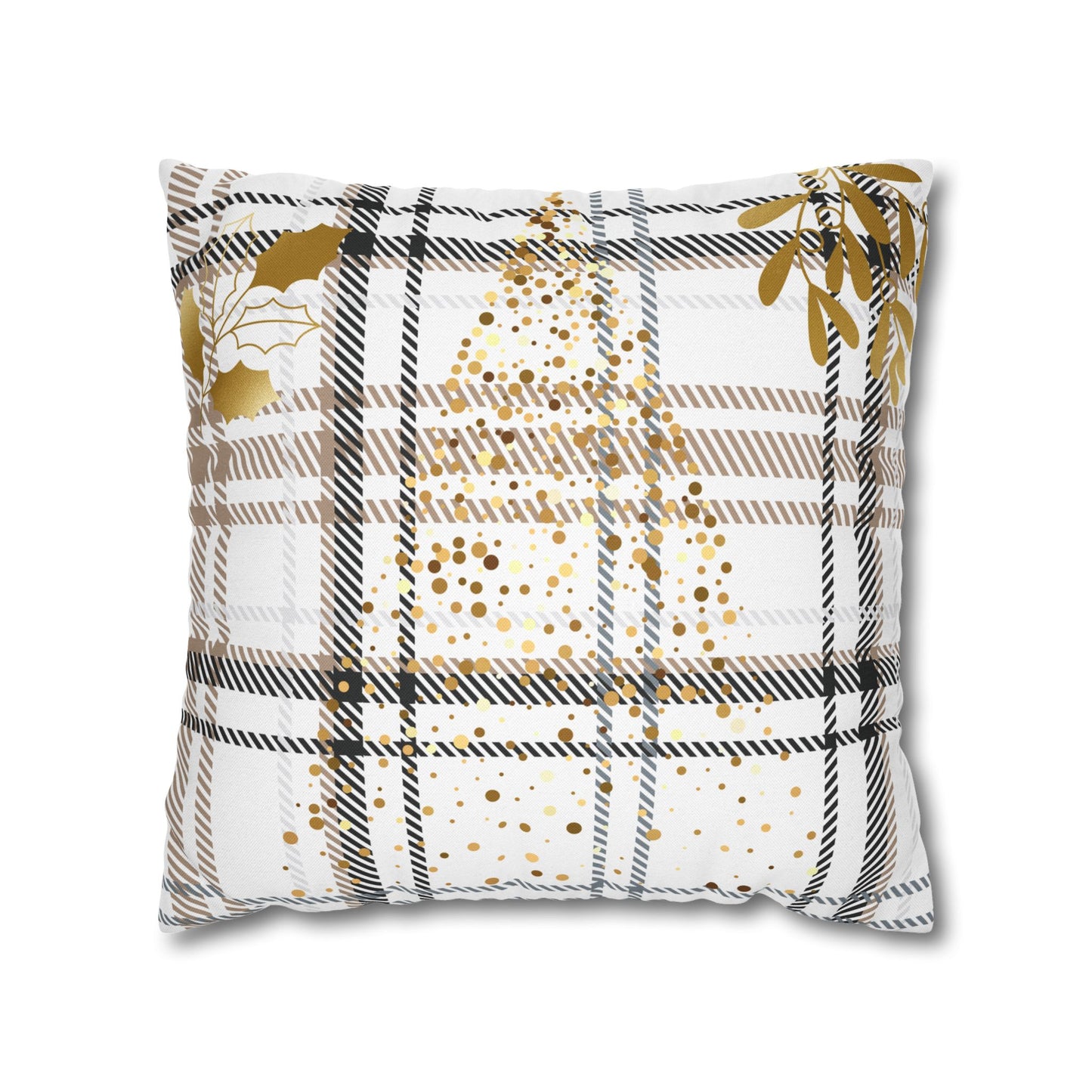 Gold Plaid Decorative Pillowcase — Plaid Throw Pillow Cover with Metallic Heart & Floral Accents